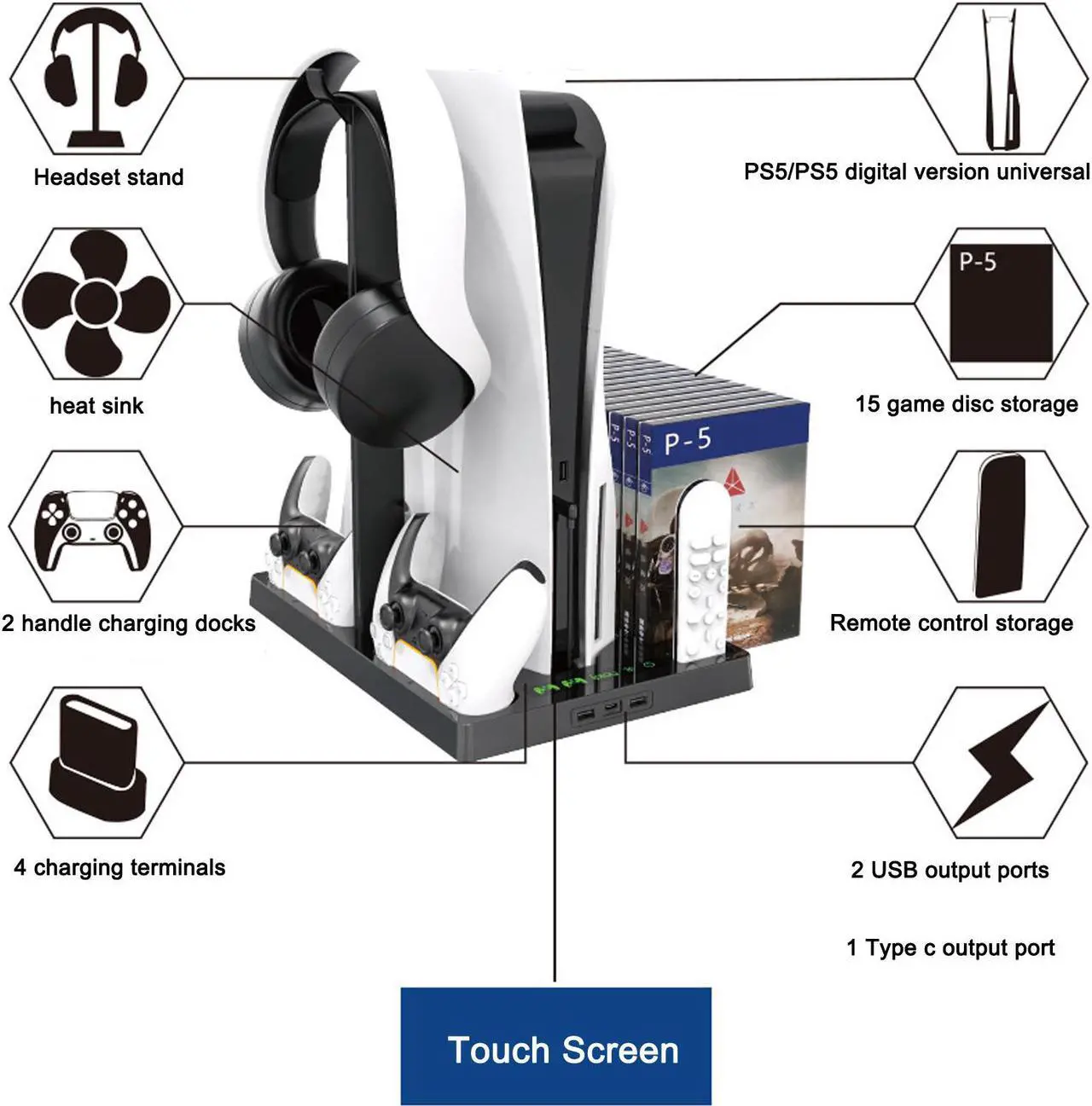 Alt view image 2 of 5 - Vertical Stand with Headset Holder and Cooling Fan Base for PS5 Console & Playstation 5 Accessories, 1 Headphone Stand, 2 Controller Chargers, 15 Game Disc Slots and 1 Media Remote Organizer