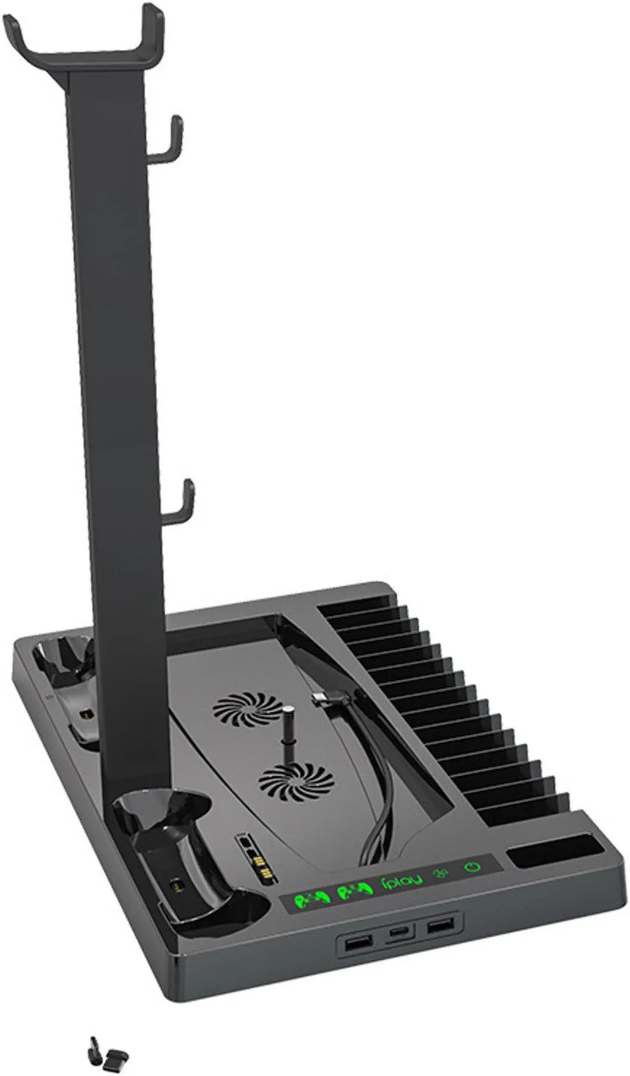 Alt view image 5 of 5 - Vertical Stand with Headset Holder and Cooling Fan Base for PS5 Console & Playstation 5 Accessories, 1 Headphone Stand, 2 Controller Chargers, 15 Game Disc Slots and 1 Media Remote Organizer