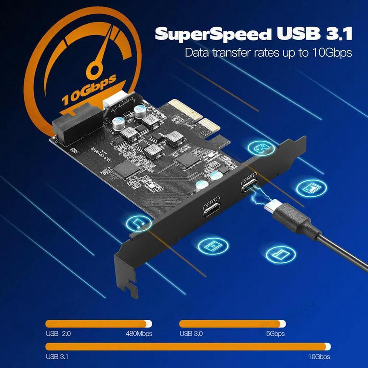 FOR PCIe To USB 3.1 Type-c Gen2 Adapter Card with 10G 2 Port Expansion Card Internal 20/19 Pin + Type-e USB C Hub Add on Cards