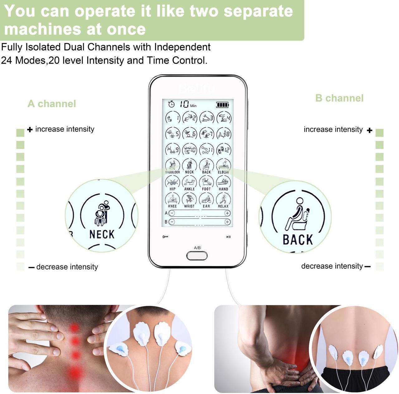 Alt view image 4 of 7 - Belifu Dual Channel Tens Unit Electro Muscle Stimulator, Fully Isolated with Independent 24 Modes, Rechargeable Pulse Massager with Electrodes Pads for Neck Back Arms Chronic Pain Relief Body Building