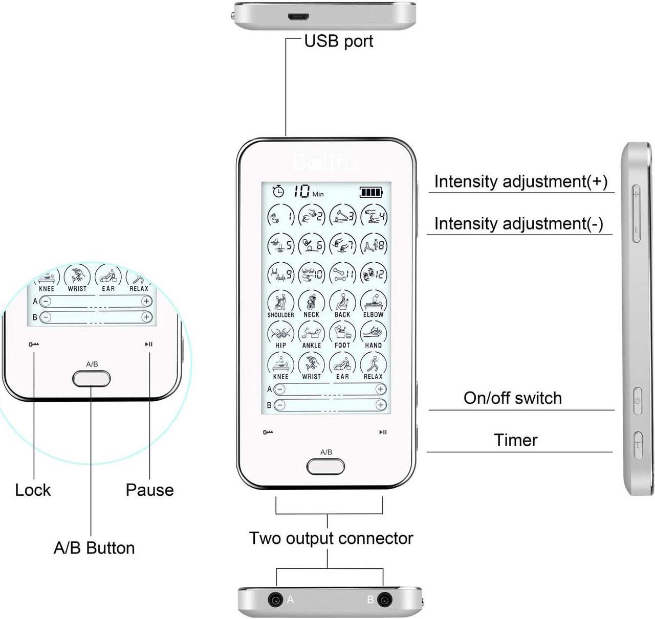 Alt view image 2 of 7 - Belifu Dual Channel Tens Unit Electro Muscle Stimulator, Fully Isolated with Independent 24 Modes, Rechargeable Pulse Massager with Electrodes Pads for Neck Back Arms Chronic Pain Relief Body Building