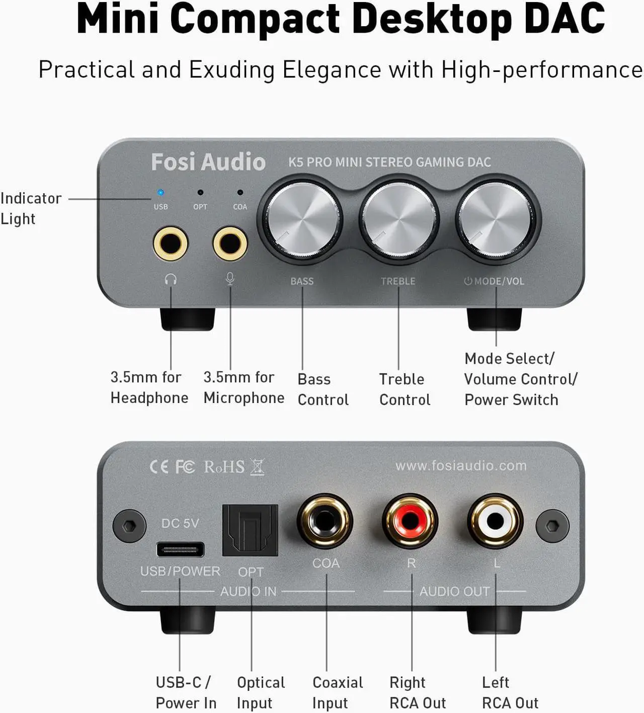 Alt view image 2 of 7 - Fosi Audio K5 Pro Gaming DAC Headphone Amplifier Mini Hi-Fi Stereo Digital-to-Analog Audio Converter USB Type C/Optical/Coaxial to RCA/3.5MM AUX for PS5/PC/MAC/Computer