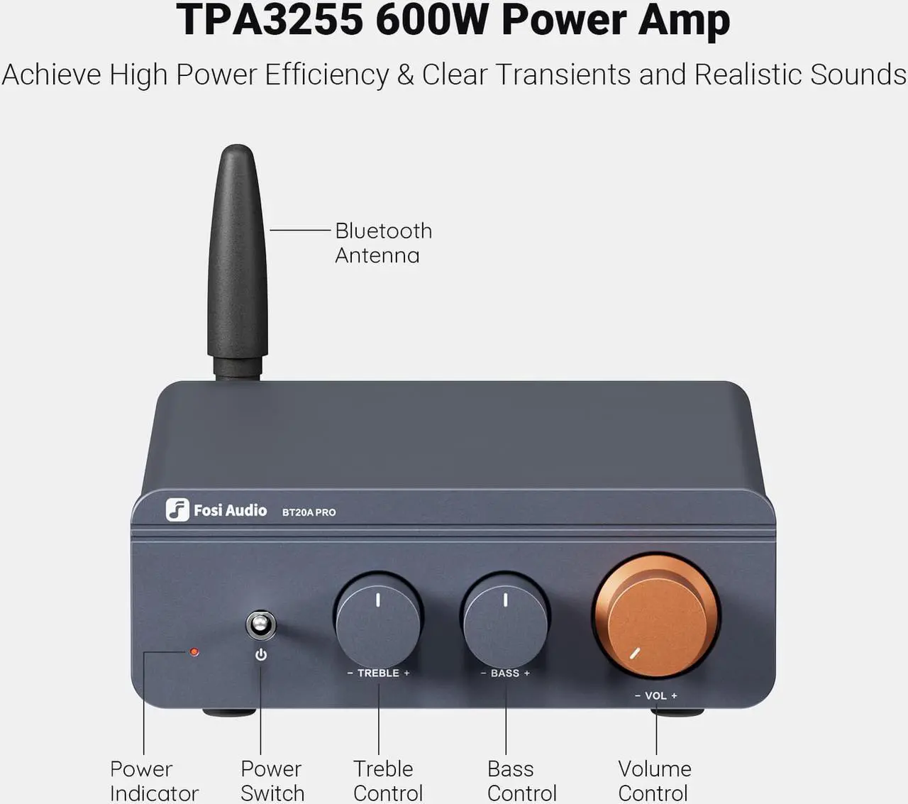 Alt view image 2 of 7 - Fosi Audio BT20A Pro Bluetooth 5.0 Amplifier, 300W x2 Wireless Amp, TPA3255 2 Channel Mini Class D Integrated Home Audio Outdoor Stereo Receiver with Bass Treble Control for Passive Speakers