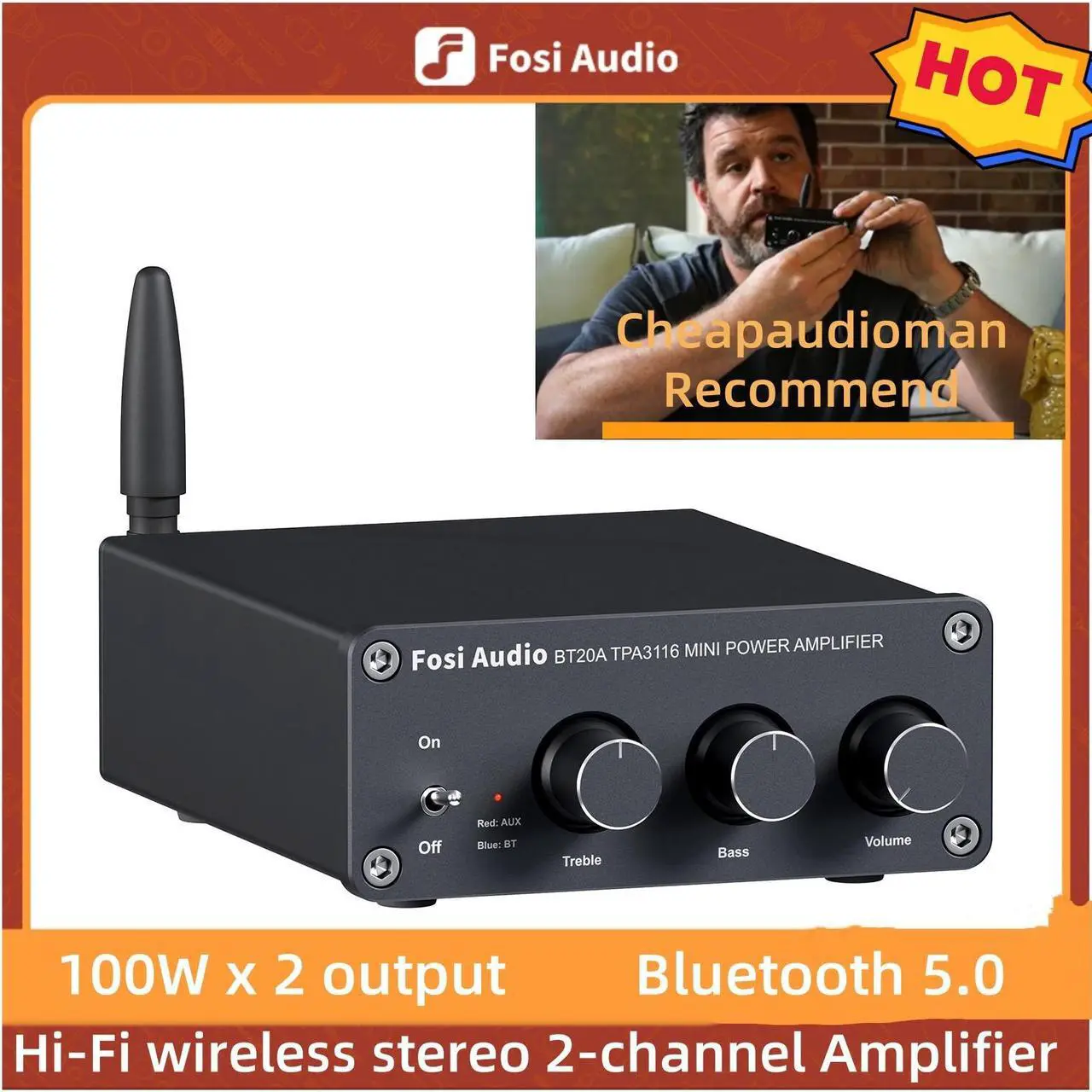 Main image of Fosi Audio BT20A Amplifier Stereo Receiver Bluetooth 5.0 Mini Power Amp 2 Channel 200W for Home/Outdoor/Garage/Ceiling/Passive Speakers Theater System