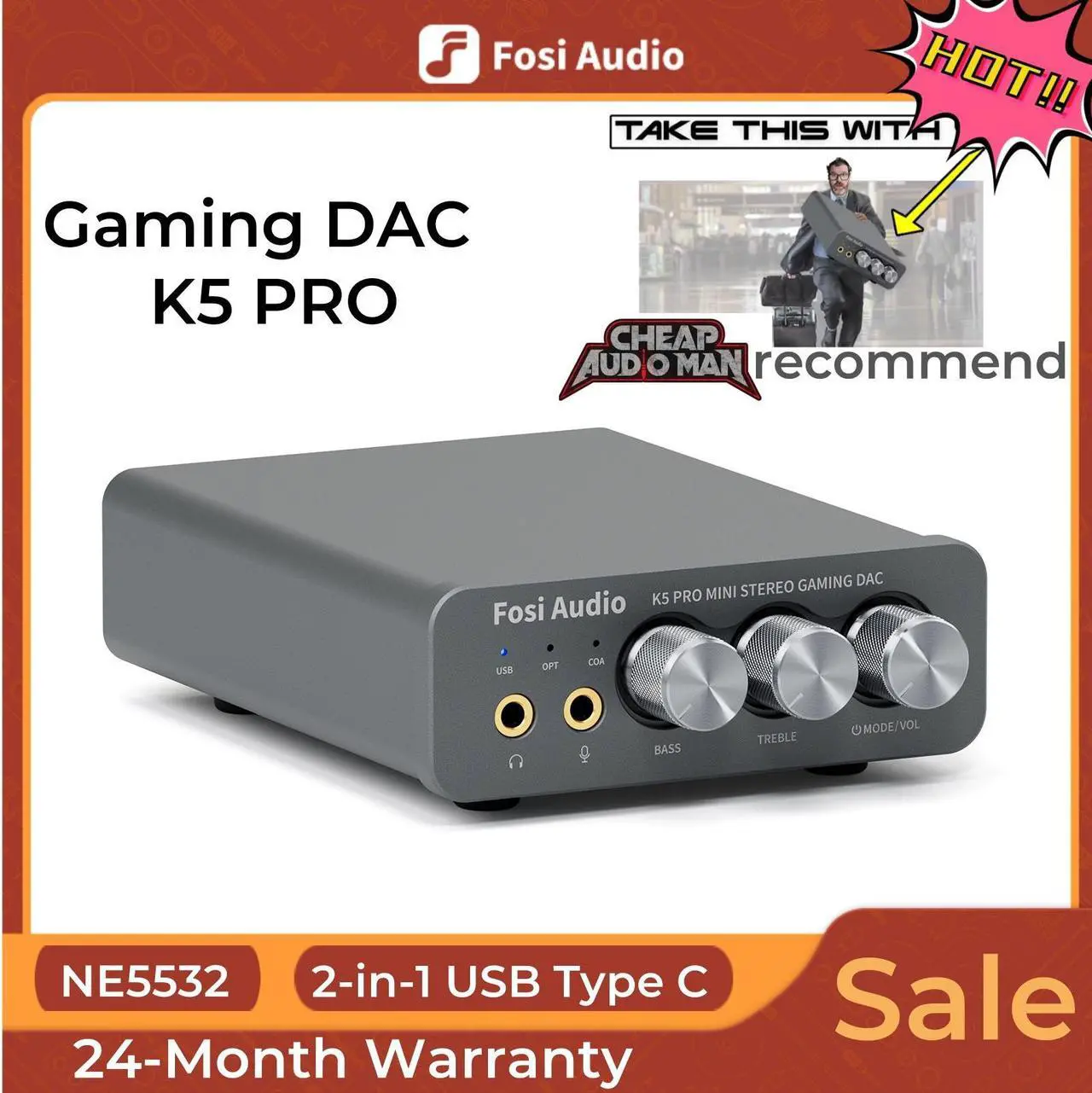 Main image of Fosi Audio K5 Pro Gaming DAC Headphone Amplifier Mini Hi-Fi Stereo Digital-to-Analog Audio Converter USB Type C/Optical/Coaxial to RCA/3.5MM AUX for PS5/PC/MAC/Computer