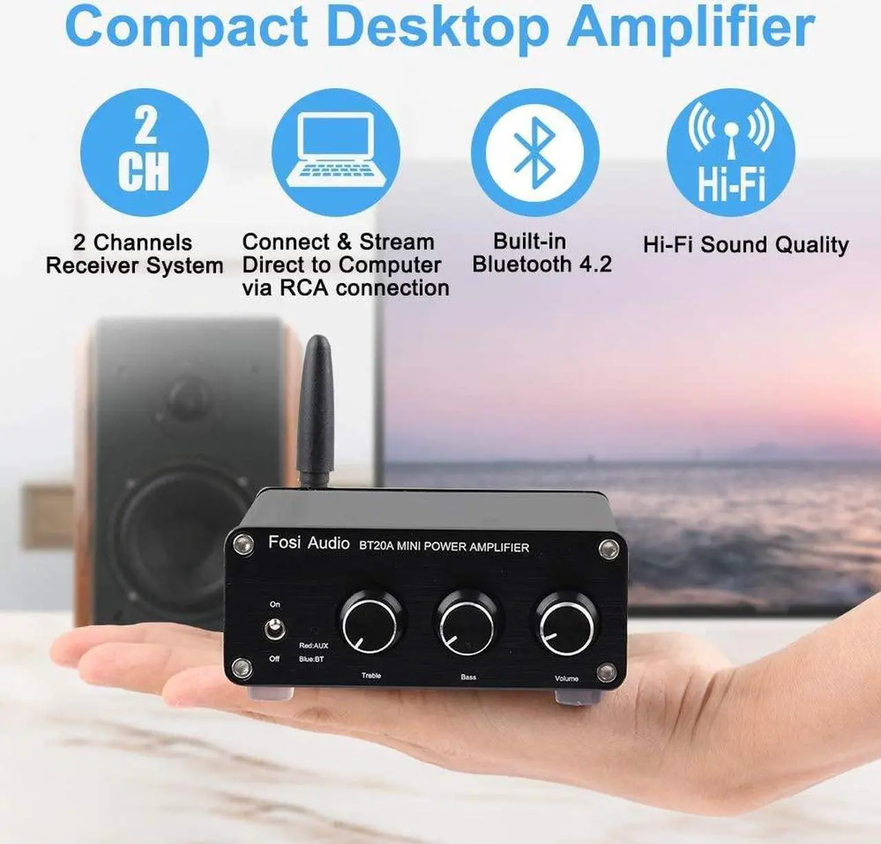 Alt view image 3 of 5 - Fosi Audio BT20A Amplifier Stereo Receiver Bluetooth 5.0 Mini Power Amp 2 Channel 200W for Home/Outdoor/Garage/Ceiling/Passive Speakers Theater System