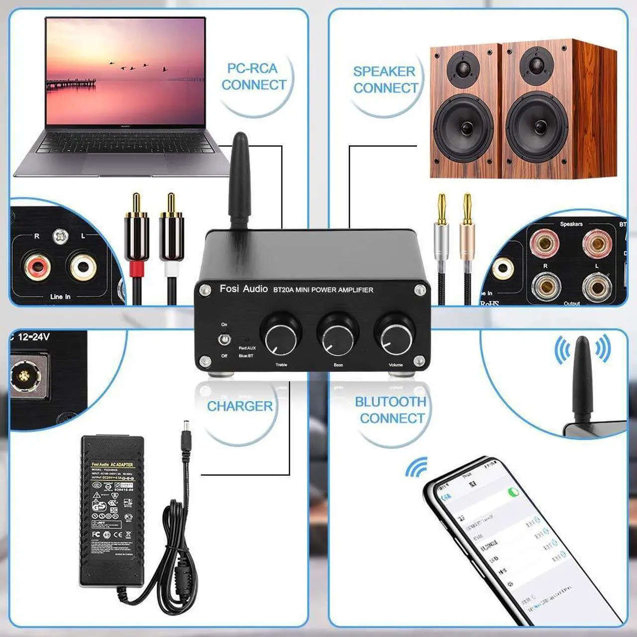 Alt view image 4 of 5 - Fosi Audio BT20A Amplifier Stereo Receiver Bluetooth 5.0 Mini Power Amp 2 Channel 200W for Home/Outdoor/Garage/Ceiling/Passive Speakers Theater System