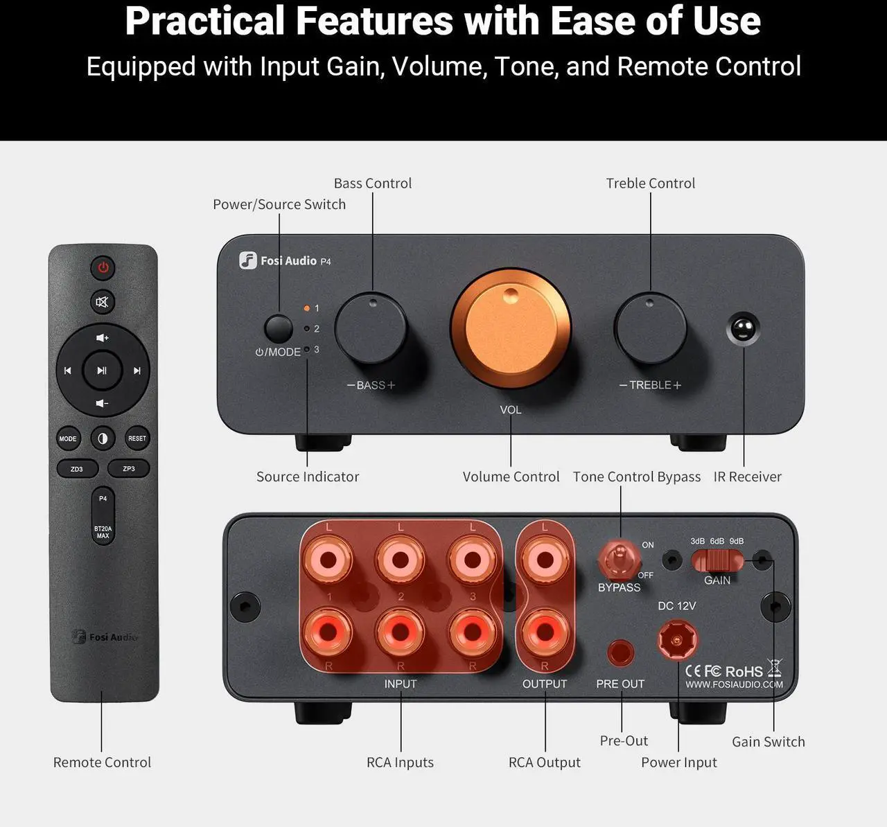 Alt view image 3 of 7 - Fosi Audio P4 Mini Preamp with 3 RCA Inputs, Home Audio Stereo Pre amp for Amplifier/Active Subwoofer/Speakers, Preamplifier with 3-Level Adjustable Gain 3/6/9 dB, Bass and Treble Control