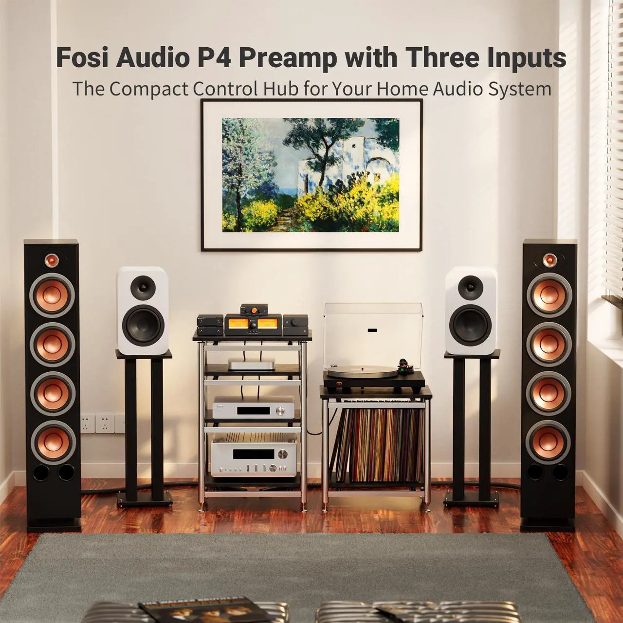 Alt view image 2 of 7 - Fosi Audio P4 Mini Preamp with 3 RCA Inputs, Home Audio Stereo Pre amp for Amplifier/Active Subwoofer/Speakers, Preamplifier with 3-Level Adjustable Gain 3/6/9 dB, Bass and Treble Control