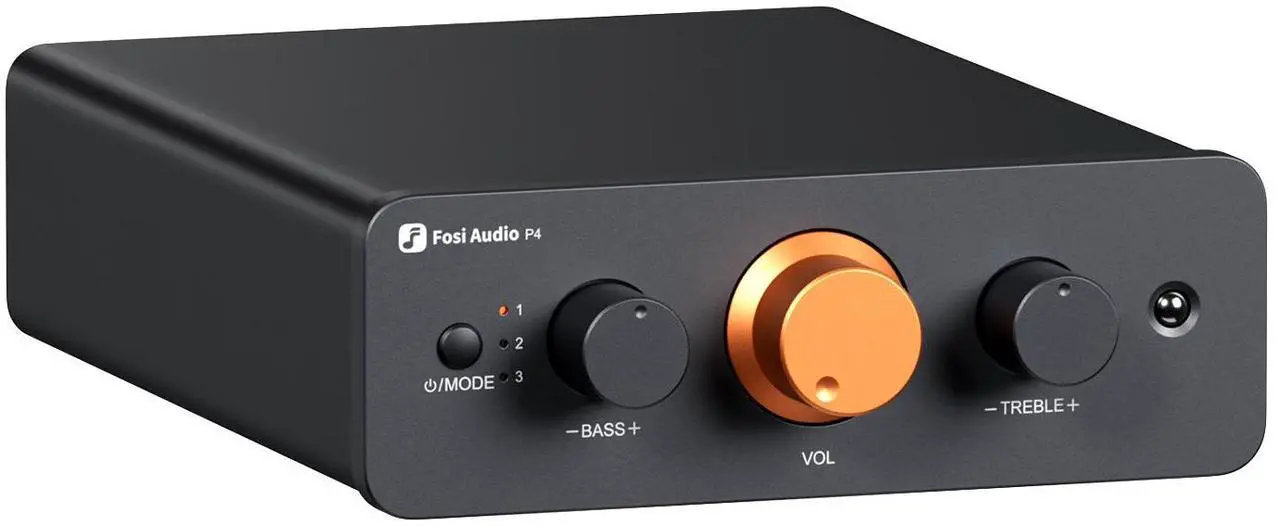 Main image of Fosi Audio P4 Mini Preamp with 3 RCA Inputs, Home Audio Stereo Pre amp for Amplifier/Active Subwoofer/Speakers, Preamplifier with 3-Level Adjustable Gain 3/6/9 dB, Bass and Treble Control