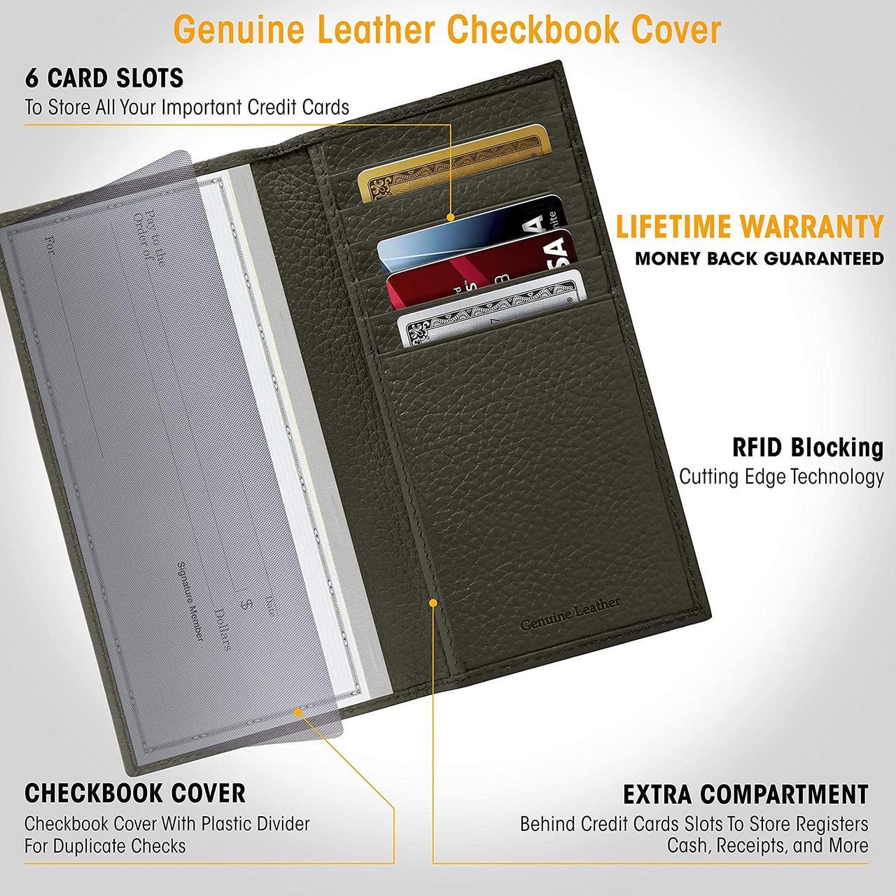 Alt view image 5 of 9 - Genuine Leather Checkbook Cover For Men & Women - Checkbook Covers With Card Holder Wallet RFID Blocking