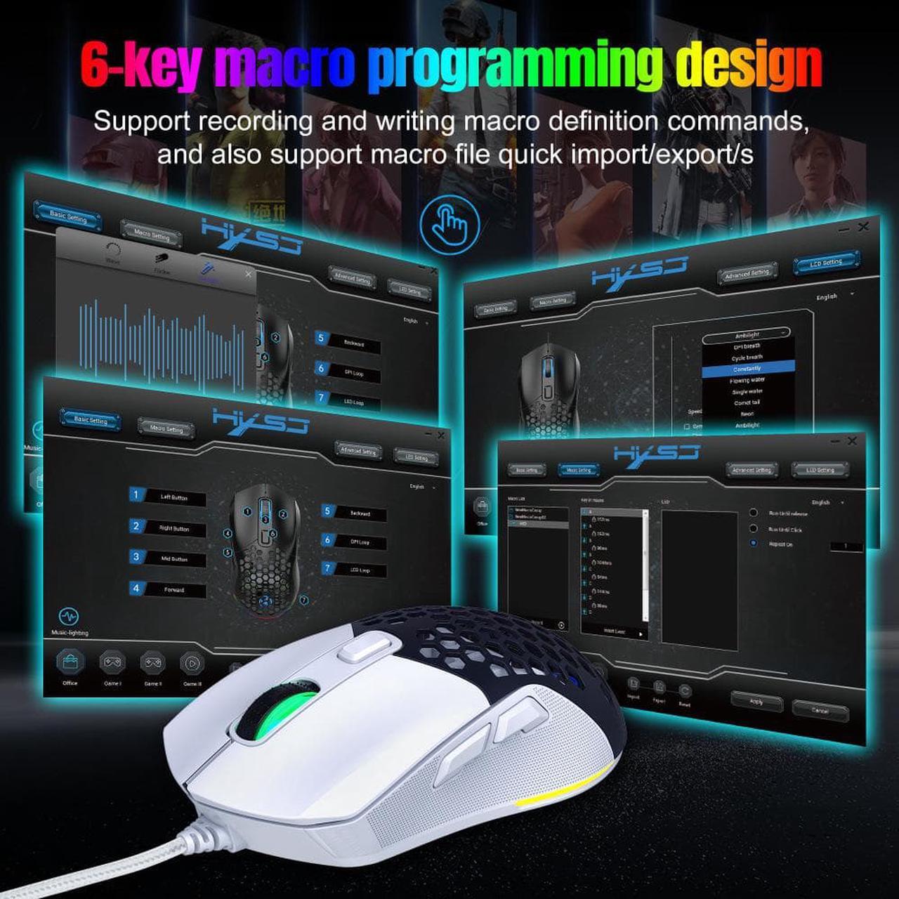 Alt view image 6 of 7 - HXSJ X300 Ergonomic Macro Programming Gamer USB Wired Mouse with 7200 DPI, 14 RGB Backlit Cover, 125Hz Polling Rate - Mice for PC Computer - White