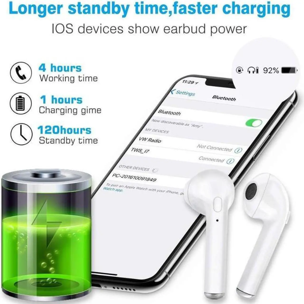 Alt view image 4 of 6 - Wireless Earbuds Bluetooth Headphones Stereo Earphone with Built-In Mic with Charging Case Cordless Sport Headsets for AirPods iPhone XS XR X 8 7 plus 6 6s plus Android Samsung Galaxy