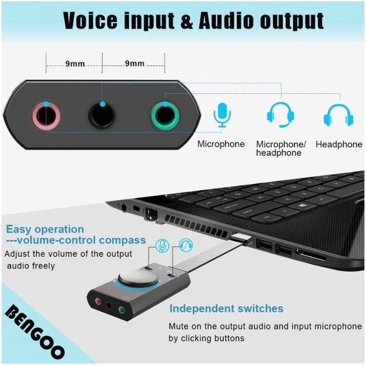 Alt view image 2 of 6 - USB Sound Card Adapter BENGOO External Audio Adapter Stereo Sound Card Converter 3.5mm AUX Microphone Jack for Gaming Headset Earphone PS4 Laptop Desktop Windows Mac OS Linux, Plug Play