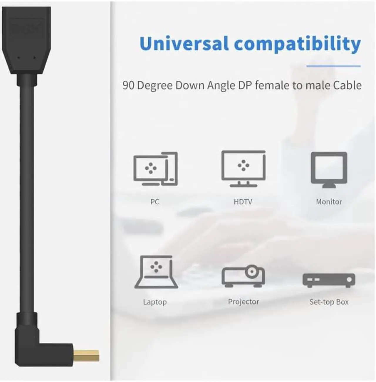 Alt view image 3 of 6 - DisplayPort 1.4 Cable, 8K DisplayPort Extension Cable, 90 Degree Displayport 1.4 Extender Ultra HD DP to DP Extension Cable, up to 8K/60Hz, 4K/144Hz for Video/Audio, 15cm (Down Angle)