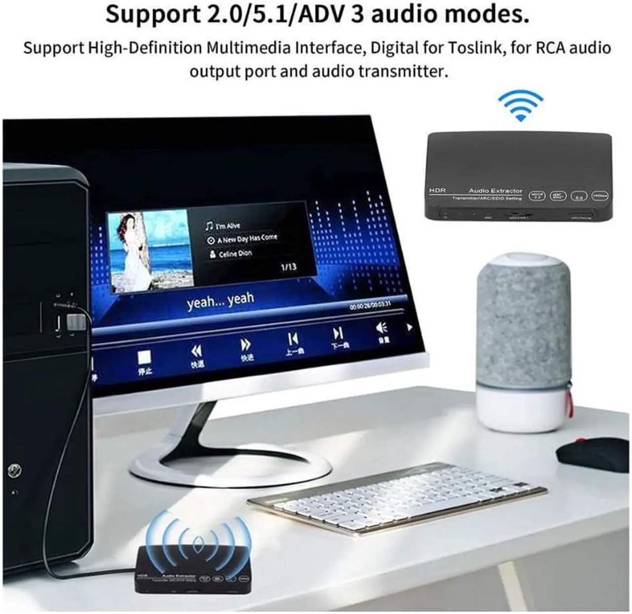 Alt view image 2 of 7 - HDMI Splitter, HDMI Audio Extractor Switch, Bluetooth 5.0/4K/60HZ Analog Stereo R/L Audio Extractor Compatible with Dolby HD/DTS HD/Dolby Atoms/Dolby AC3/DTS/LPCM (HDCN0052M1)