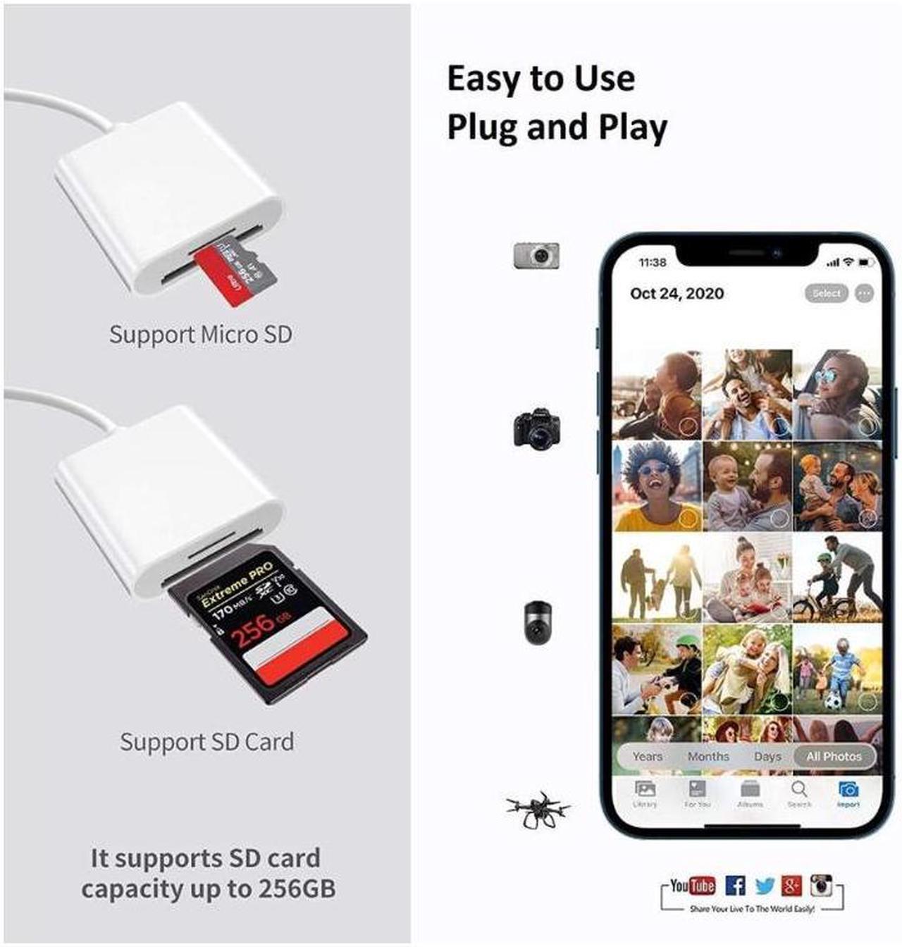 Alt view image 3 of 7 - Lightning to SD Card Camera Reader for iPhone iPad, Apple MFi Certified Veetone Dual Card Slot Micro SD/SD Memory Card Reader Adapter, Trail Game Camera Viewer, Plug and Play No App Required