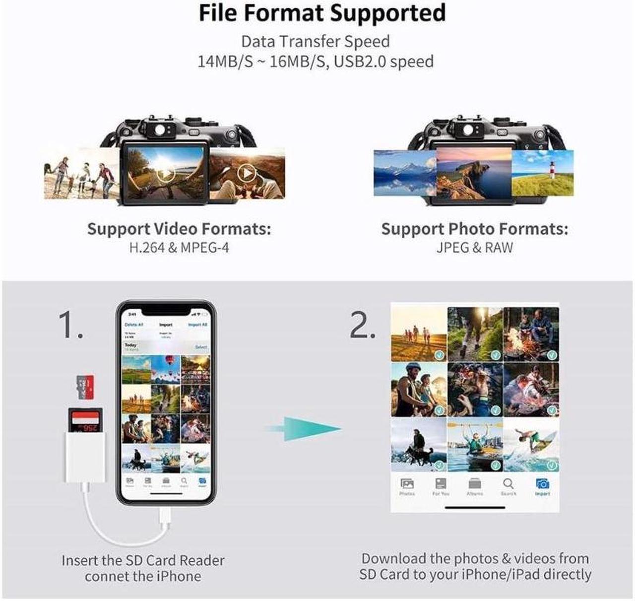 Alt view image 5 of 7 - Lightning to SD Card Camera Reader for iPhone iPad, Apple MFi Certified Veetone Dual Card Slot Micro SD/SD Memory Card Reader Adapter, Trail Game Camera Viewer, Plug and Play No App Required