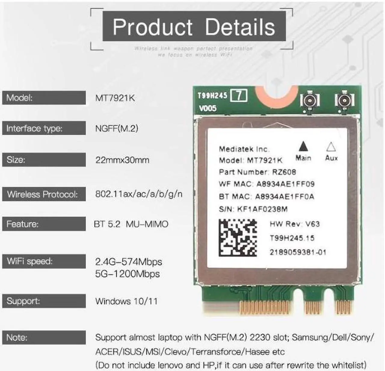 Alt view image 2 of 5 - Wi-Fi 6E MediaTek MT7921k Tri band 1800Mbps 2.4G/5G/6G Bluetooth 5.2 WiFi 6 Wireless Card 802.11AX Windows 10 / 11