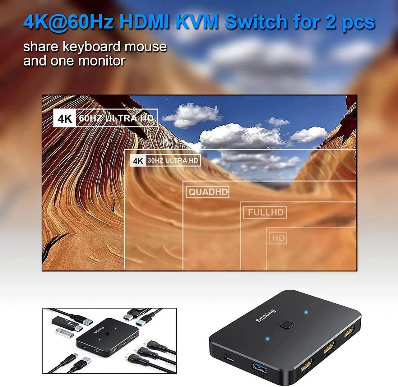 Alt view image 4 of 7 - 4K@60Hz HDMI KVM Switch USB Selector for 2 Computers Share one Monitor and 4 USB 3.0 Ports, Keyboard Mouse Printer, External Hard Drives, 2 USB Cable and 2 HDMI Cable Included