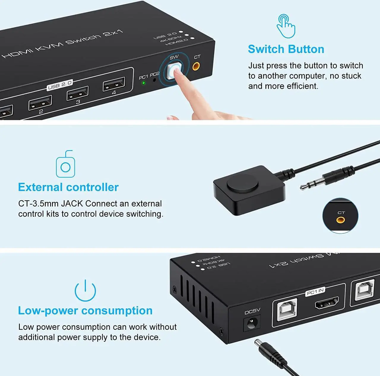 Alt view image 4 of 7 - KVM Switch HDMI 2 Port 4K 60Hz 4 Port USB2.0 for 2 Computers 1 Monitor Share Keyboard Mouse Printer Support Wire-Desktop Controller Including 2 USB2.0 Cable