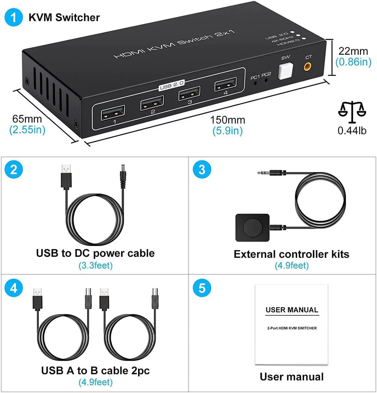 Alt view image 6 of 7 - KVM Switch HDMI 2 Port 4K 60Hz 4 Port USB2.0 for 2 Computers 1 Monitor Share Keyboard Mouse Printer Support Wire-Desktop Controller Including 2 USB2.0 Cable