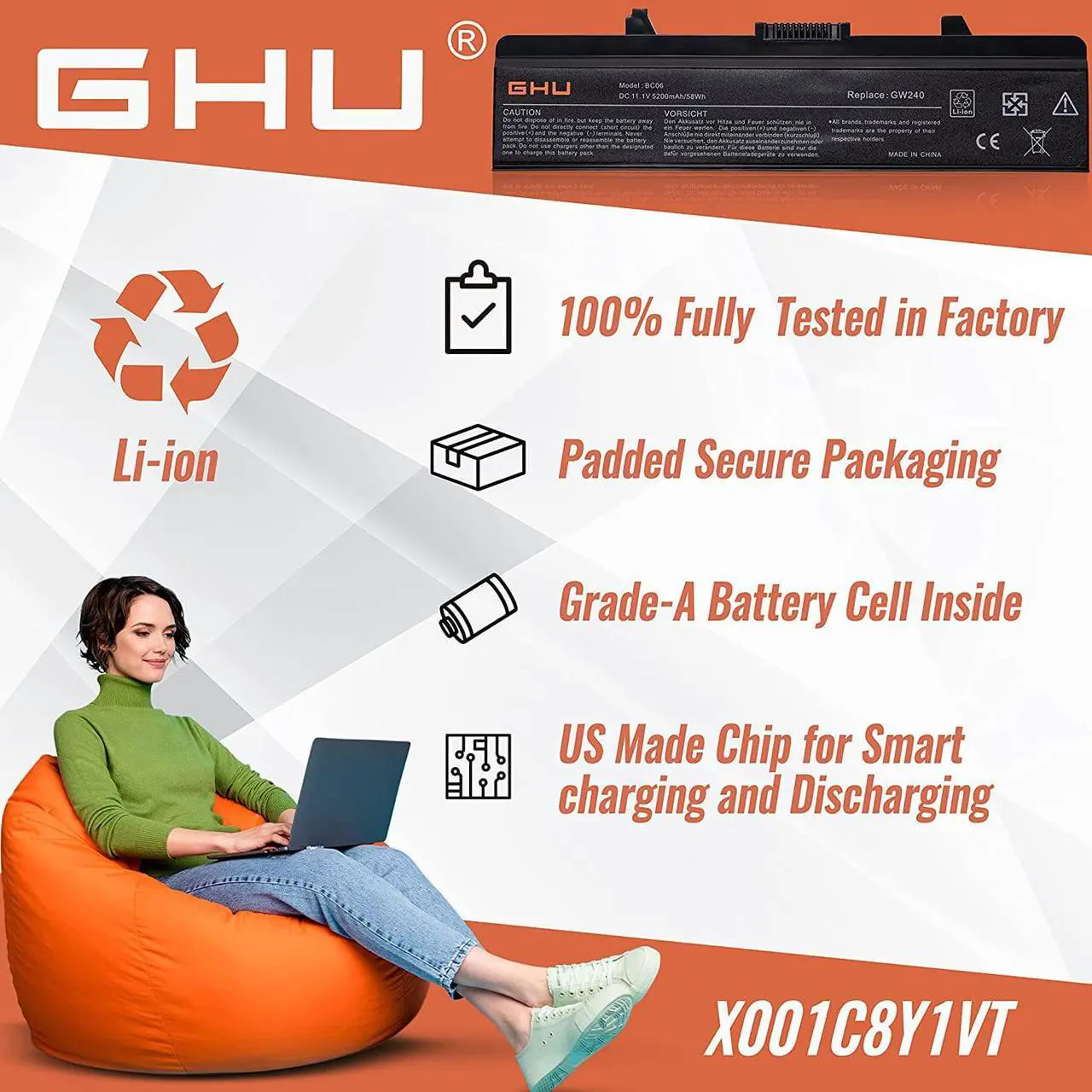 Alt view image 6 of 6 - GHU New Laptop Battery 58Wh Replacement for K450N XR693 X284G RU586 RN873 GW240 M911G Compatible with Dell Inspiron 1440 1750 1525 1526 1545 1546 PP29L PP41L Part 312-0844 C601H GW252 HP297