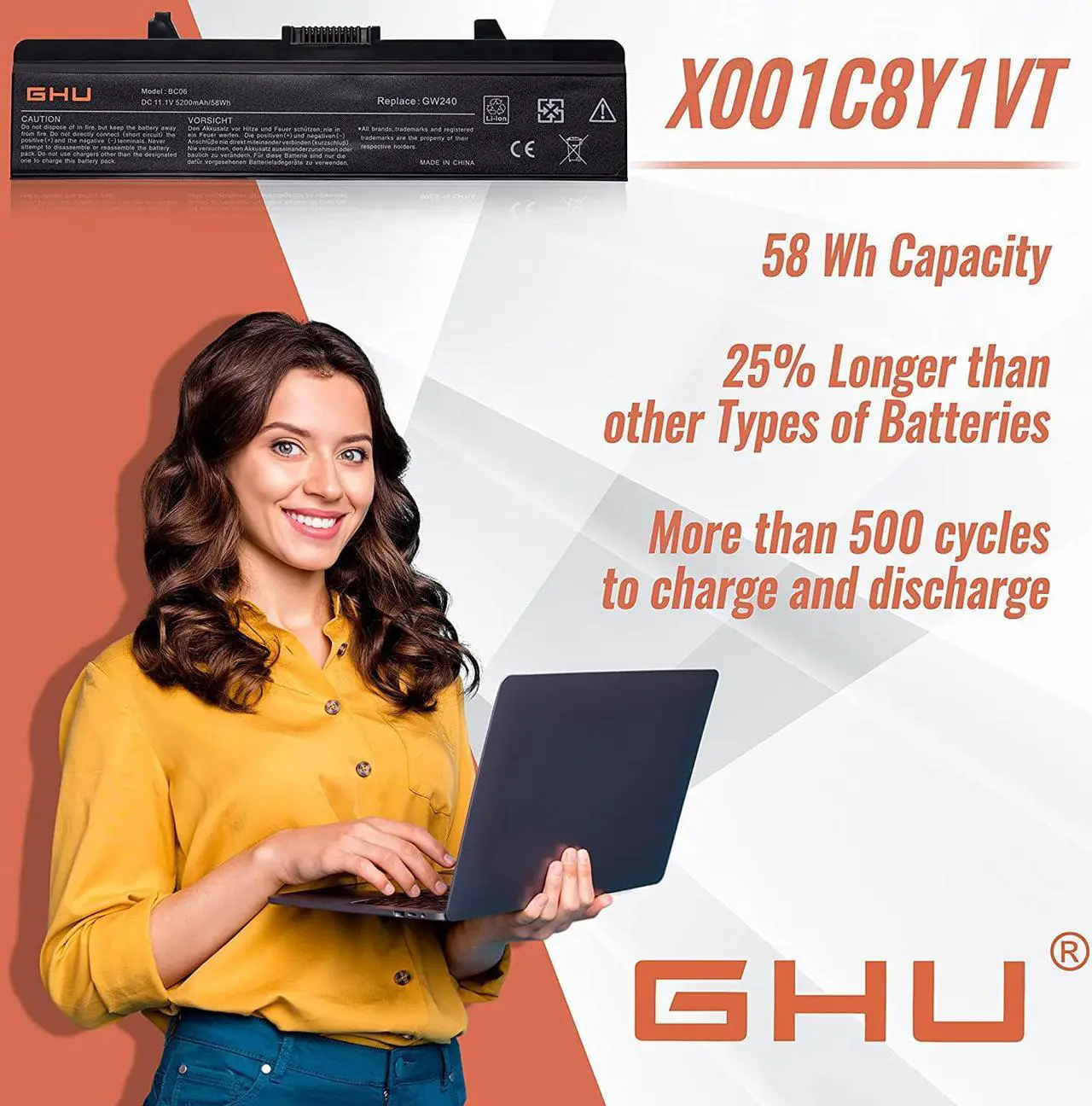 Alt view image 5 of 6 - GHU New Laptop Battery 58Wh Replacement for K450N XR693 X284G RU586 RN873 GW240 M911G Compatible with Dell Inspiron 1440 1750 1525 1526 1545 1546 PP29L PP41L Part 312-0844 C601H GW252 HP297