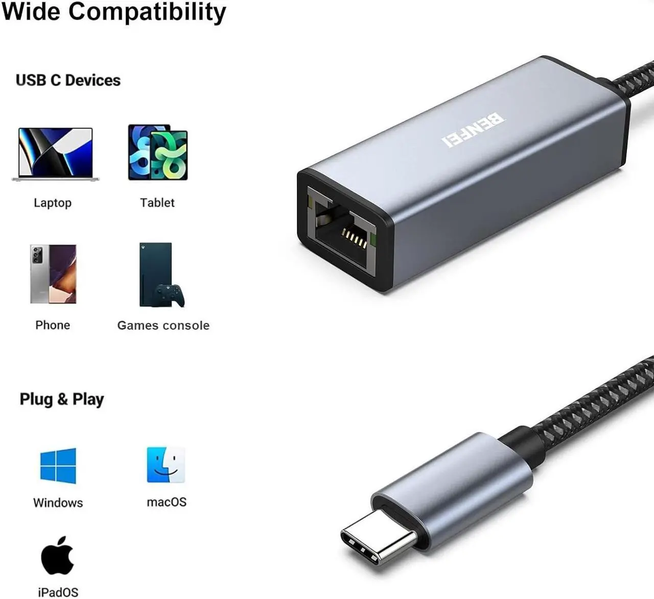 Alt view image 4 of 7 - USB-C to Ethernet Adapter USB Type-C (Thunderbolt 3/4) to RJ45 Gigabit Ethernet LAN Network Adapter Compatible with iPhone 15 Pro/Max MacBook Pro/Air 2023 iPad Pro iMac S23 XPS 17 and More
