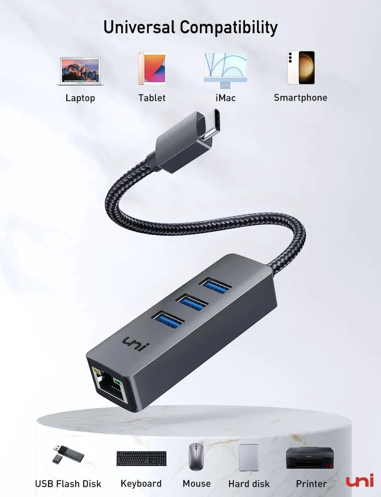 Alt view image 7 of 7 - USB-C to Ethernet Adapter, uni USB-C Hub with RJ45 Gigabit, [Thunderbolt 4/3 Compatible] USB-C to Network Adapter Multiport for MacBook Pro/Air, iPad Pro, Surface Laptops, Chromebook, XPS, and More