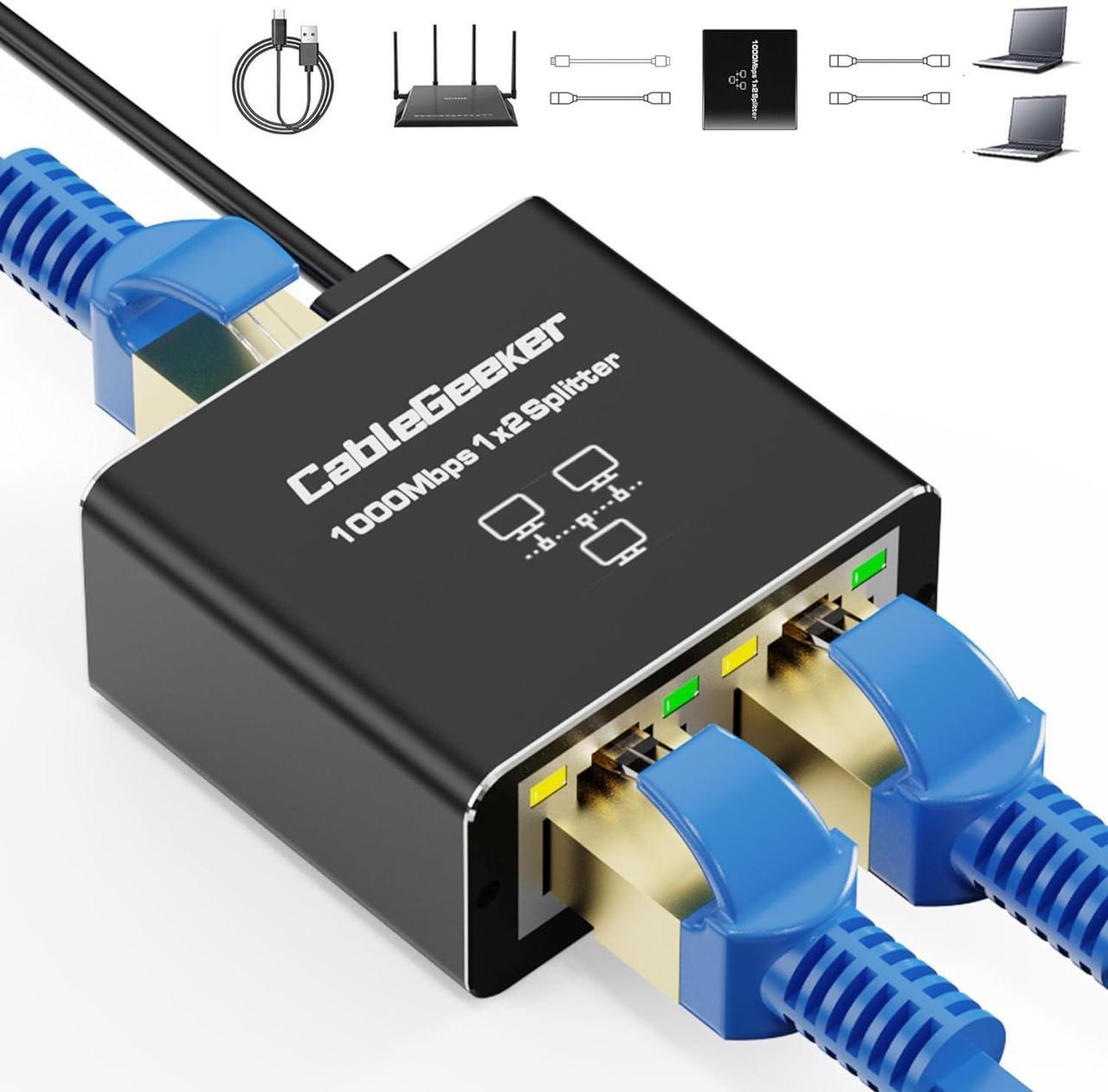 Main image of RJ45 Ethernet Splitter, 1000Mbps Ethernet Splitter 1 to 2[2 Devices Simultaneous Networking], Gigabit Network Adapter 8P8C LAN Internet Extension Connector with USB Power Cable for Cat5/5e/6/7/8
