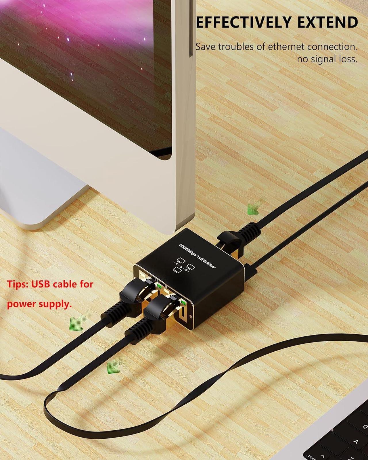 Alt view image 4 of 7 - RJ45 Ethernet Splitter, 1000Mbps Ethernet Splitter 1 to 2[2 Devices Simultaneous Networking], Gigabit Network Adapter 8P8C LAN Internet Extension Connector with USB Power Cable for Cat5/5e/6/7/8