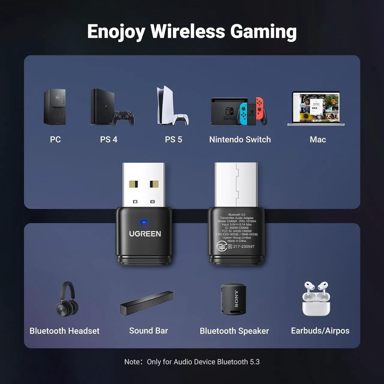 Alt view image 4 of 7 - UGREEN USB Audio Transmitter, Bluetooth 5.3 Adapter for Connecting Bluetooth Headphones to PS5, PS4, Switch, PC, Wireless Audio Adapter with aptX AD, Included Mini Mic (Plug & Play)