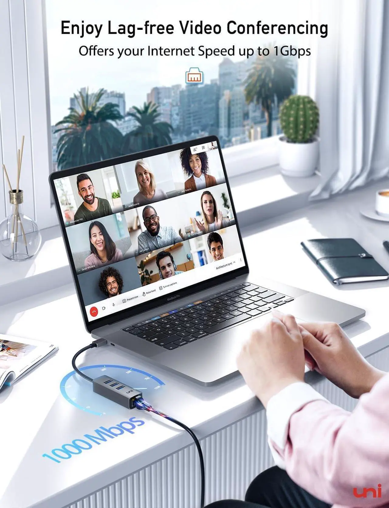 Alt view image 2 of 7 - USB-C to Ethernet Adapter, uni USB-C Hub with RJ45 Gigabit, [Thunderbolt 4/3 Compatible] USB-C to Network Adapter Multiport for MacBook Pro/Air, iPad Pro, Surface Laptops, Chromebook, XPS, and More