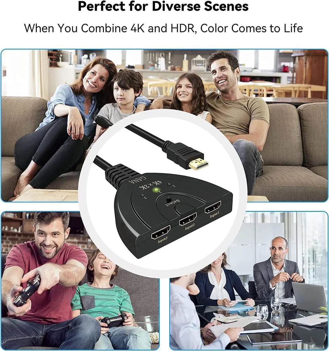 Alt view image 6 of 6 - HDMI Switch, GANA 4K HDMI Splitter 3 in 1 Out, 3-Port HDMI Switcher Selector with Pigtail HDMI Cable,Supports Full HD 4K 1080P 3D Player, HDMI Hub Compatible with Fire Stick,HDTV,PS4 Game Consoles,PC