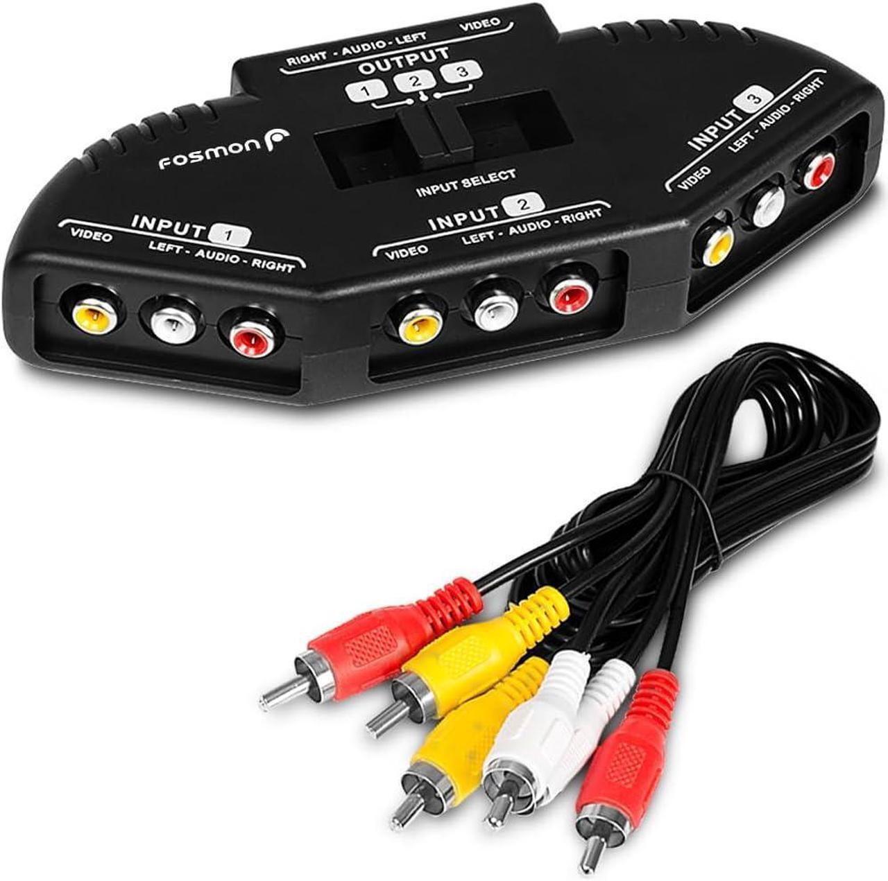 Main image of A1602 RCA Splitter with 3-Way Audio, Video RCA Switch Box + RCA Cable for Connecting 3 RCA Output Devices to Your TV