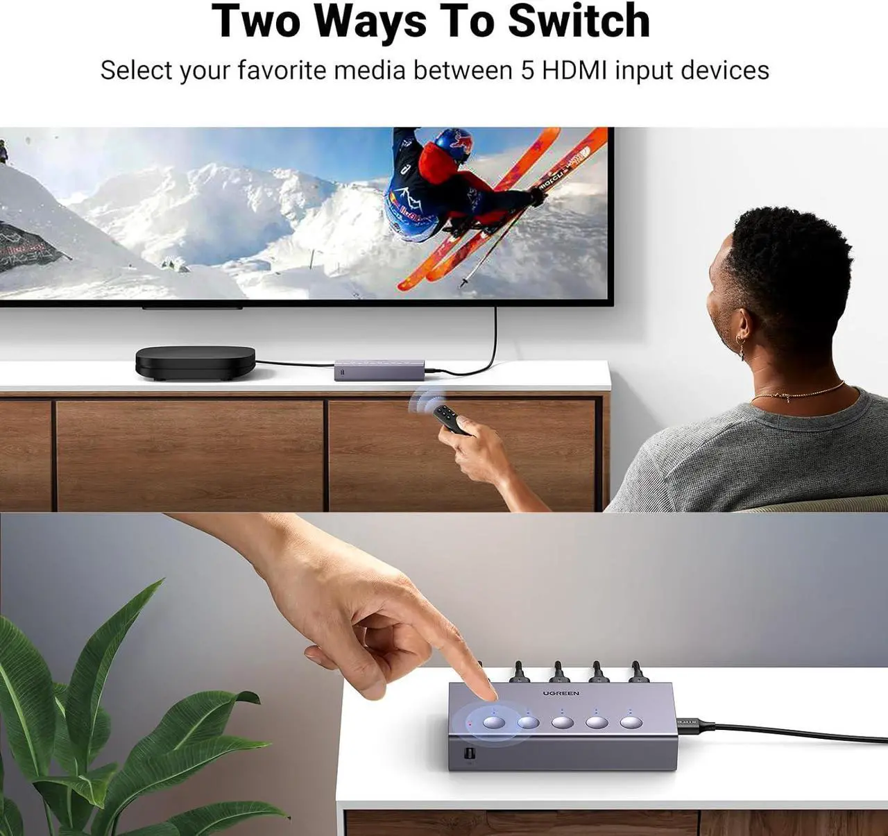 Alt view image 5 of 7 - UGREEN HDMI Switch 5 in 1 Out 4K@60Hz, HDMI Splitter with Remote 5 Port HDMI Switcher Selector Support 3D CEC HDR HDCP2.2 Compatible with PS5/4/3 Xbox Nintendo Switch Roku TV Fire Stick Grey
