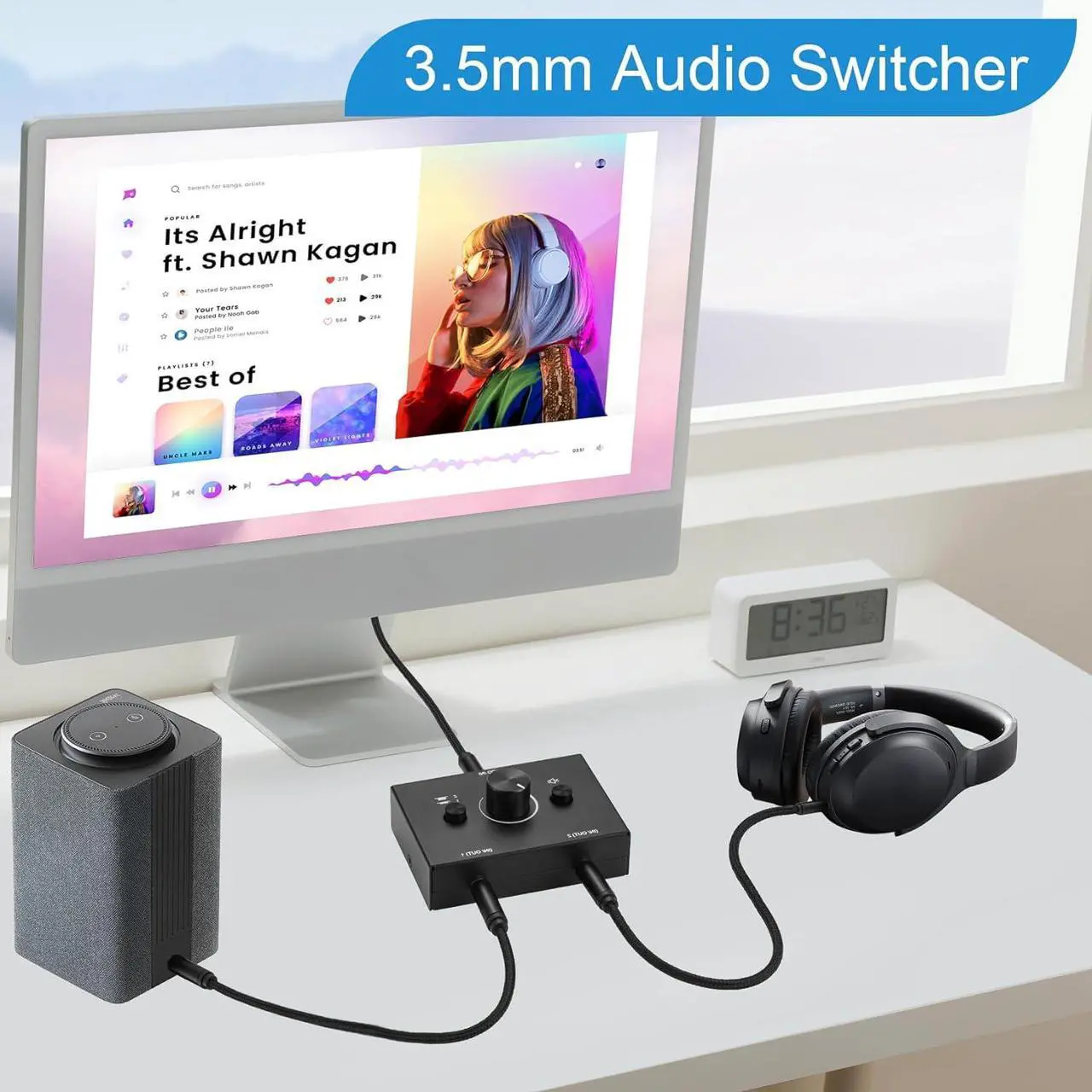 Alt view image 5 of 6 - 3.5mm Stereo Audio Switch Audio Switcher Passive Speaker Headphone Manual Selector Splitter Box Audio Sharing