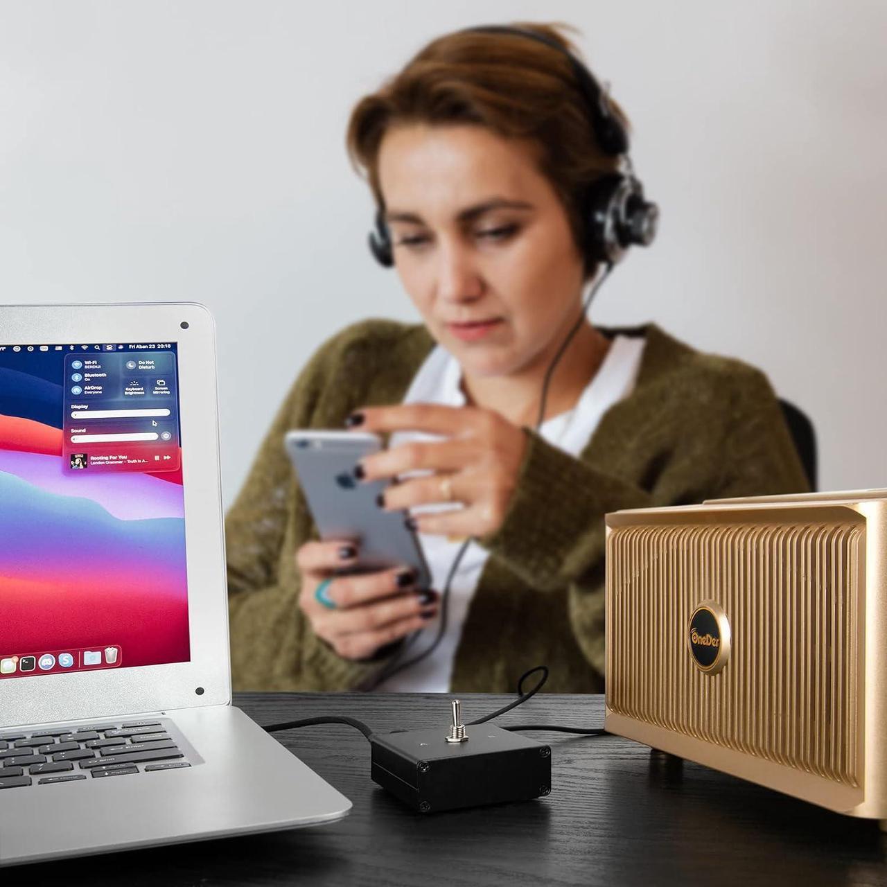 Alt view image 5 of 5 - 3.5 mm Audio Switcher, 2 Ports Audio Splitter Box (2 in 1 Out / 1 in 2 Out) Mini Headphone Manual Selector Converter with Bonus 47.2 in (120 cm) Cable, No External Power Required