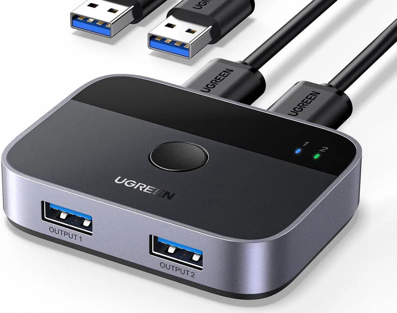 Main image of UGREEN USB 3.0 Switch 2 in 2 Out, USB Switcher 2 Computers Sharing Keyboard and Mouse Printer Scanner Webcam, Printer Splitter for 2 Computers, 2 Port USB Selector Switch with 2 USB3.0 Cables