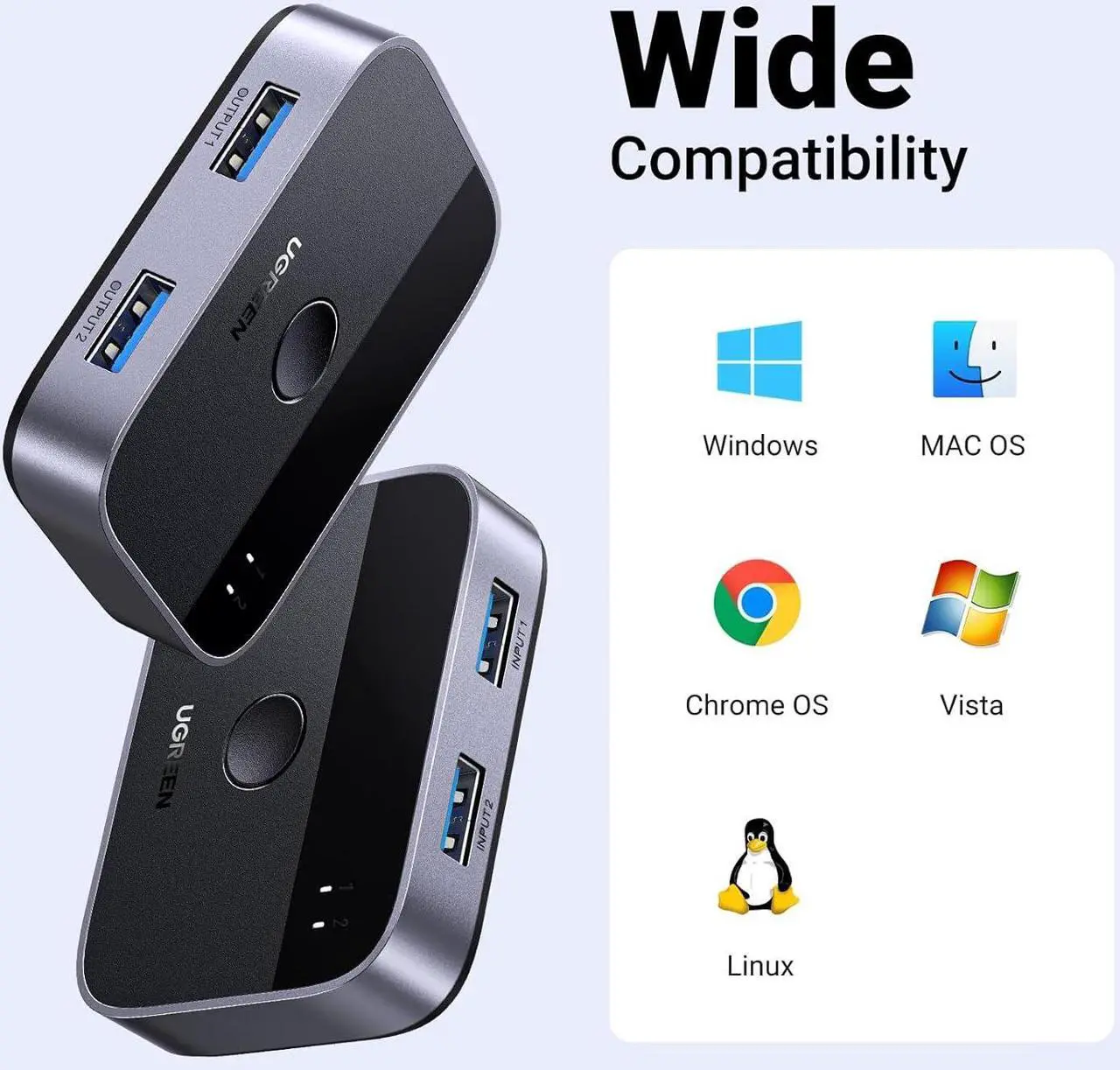 Alt view image 6 of 7 - UGREEN USB 3.0 Switch 2 in 2 Out, USB Switcher 2 Computers Sharing Keyboard and Mouse Printer Scanner Webcam, Printer Splitter for 2 Computers, 2 Port USB Selector Switch with 2 USB3.0 Cables