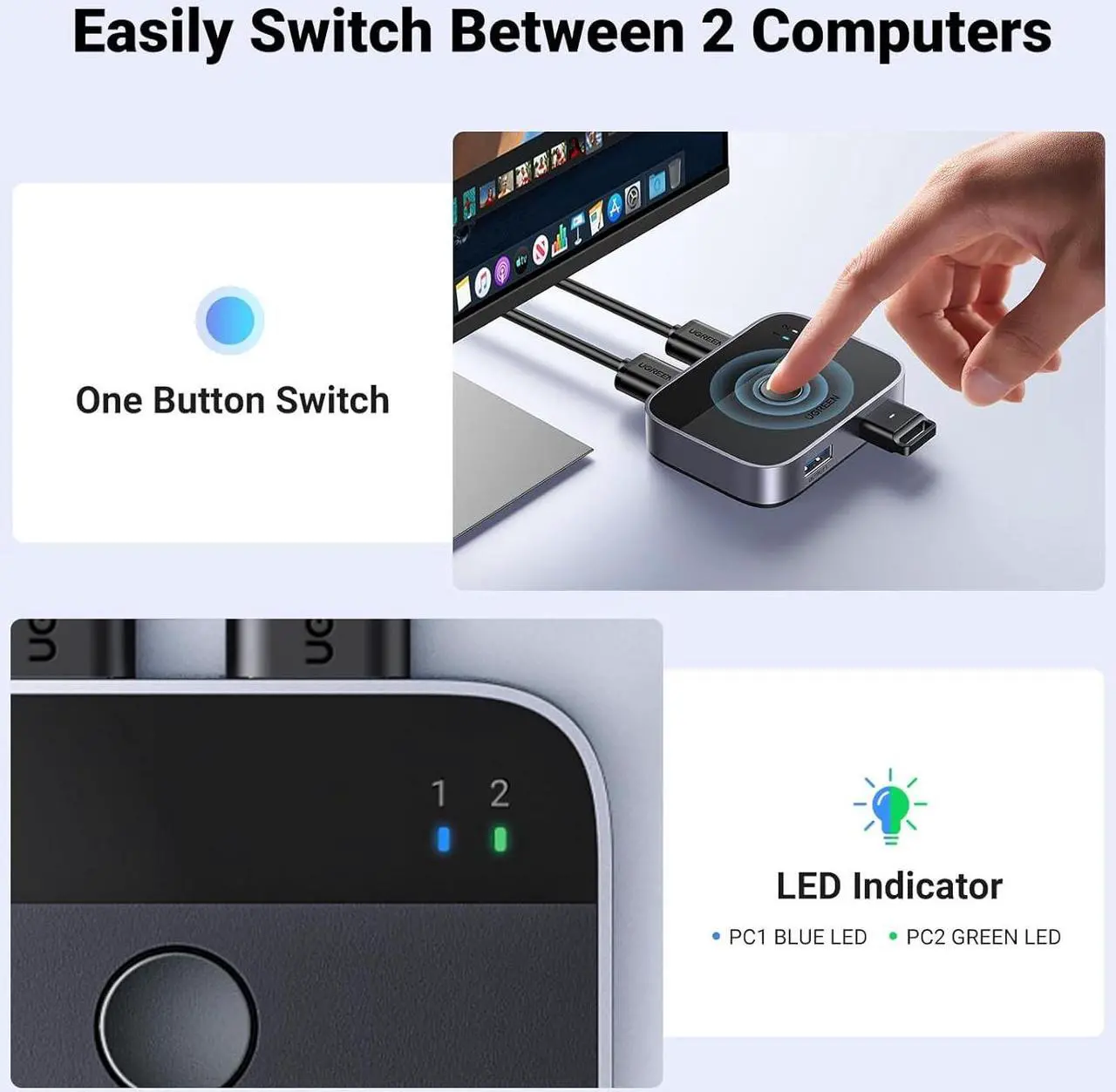 Alt view image 5 of 7 - UGREEN USB 3.0 Switch 2 in 2 Out, USB Switcher 2 Computers Sharing Keyboard and Mouse Printer Scanner Webcam, Printer Splitter for 2 Computers, 2 Port USB Selector Switch with 2 USB3.0 Cables
