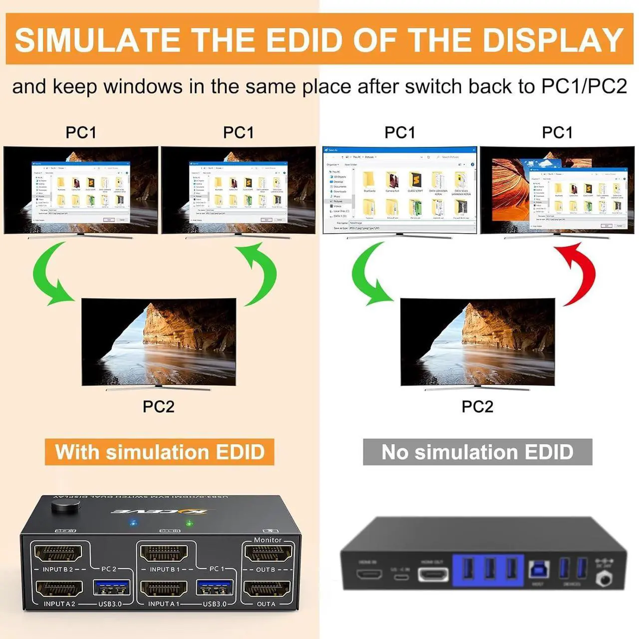 Alt view image 4 of 7 - KVM Switch 2 Computers 2 Monitors, KCEVE Dual Monitor HDMI KVM Switcher USB 3.0 Version, 4K@60Hz HD Resolution, Support Copy and Extended Display, with EDID Function to Keep Window in Right Place