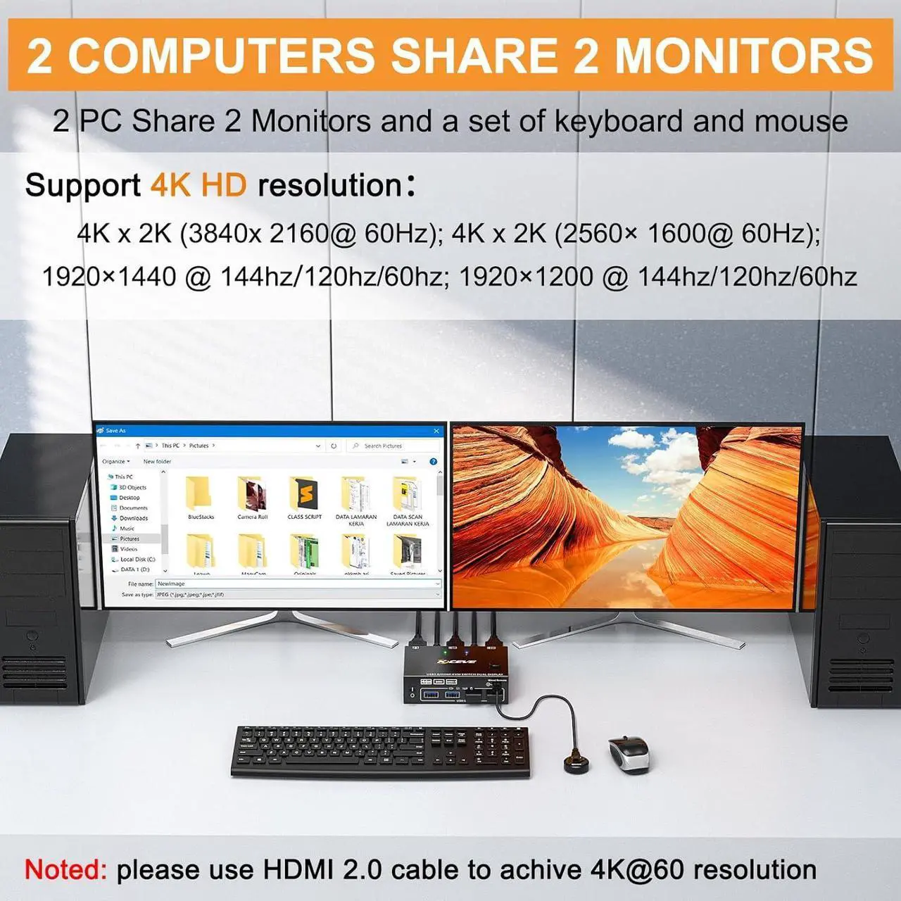 Alt view image 5 of 7 - KVM Switch 2 Computers 2 Monitors, KCEVE Dual Monitor HDMI KVM Switcher USB 3.0 Version, 4K@60Hz HD Resolution, Support Copy and Extended Display, with EDID Function to Keep Window in Right Place