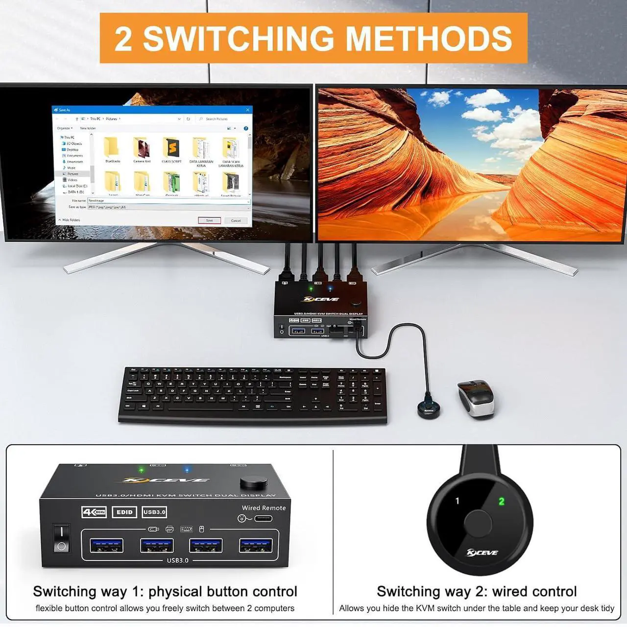 Alt view image 6 of 7 - KVM Switch 2 Computers 2 Monitors, KCEVE Dual Monitor HDMI KVM Switcher USB 3.0 Version, 4K@60Hz HD Resolution, Support Copy and Extended Display, with EDID Function to Keep Window in Right Place