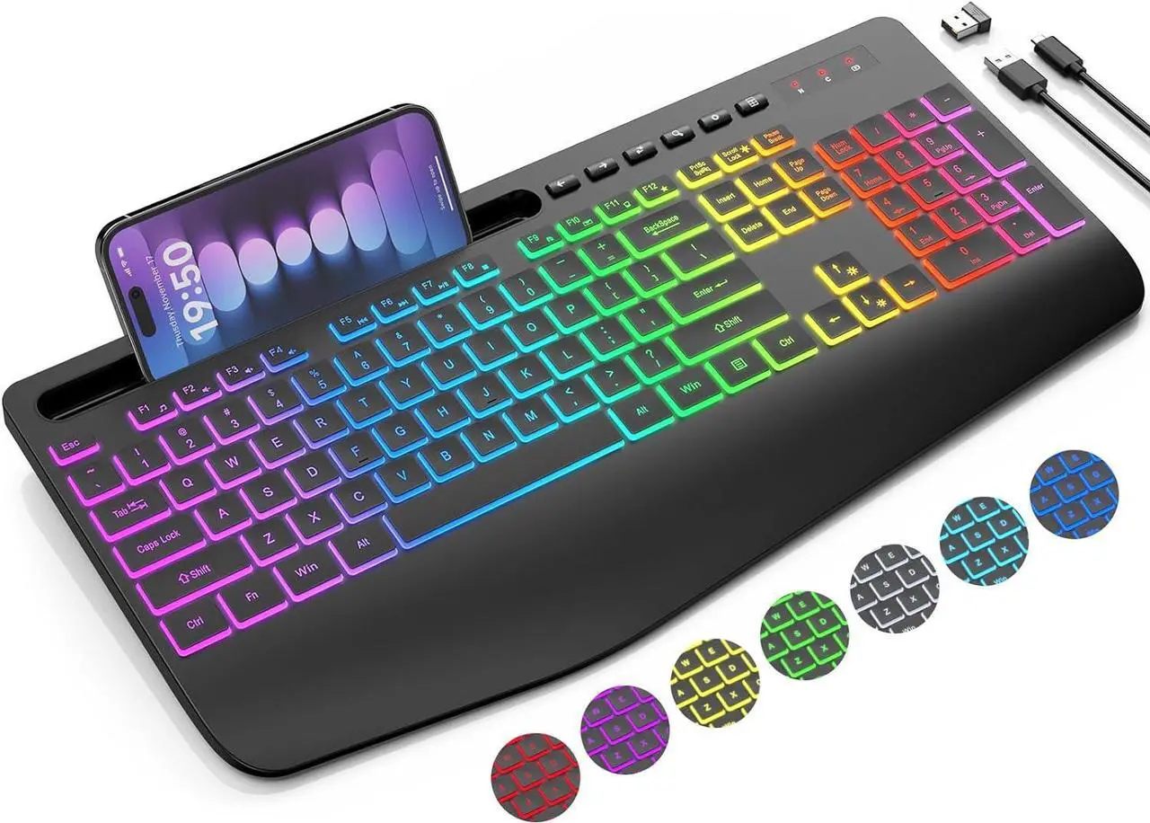 Main image of Wireless Keyboard with 9 Backlit Effects, Wrist Rest, Phone Holder, 2.4G Lag-Free Ergonomic Keyboards, Rechargeable Silent Cordless, for Computer, Laptop, PC, Mac, Windows, Office, School