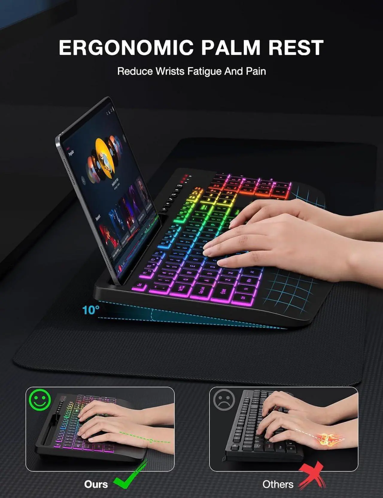 Alt view image 2 of 7 - Wireless Keyboard with 9 Backlit Effects, Wrist Rest, Phone Holder, 2.4G Lag-Free Ergonomic Keyboards, Rechargeable Silent Cordless, for Computer, Laptop, PC, Mac, Windows, Office, School