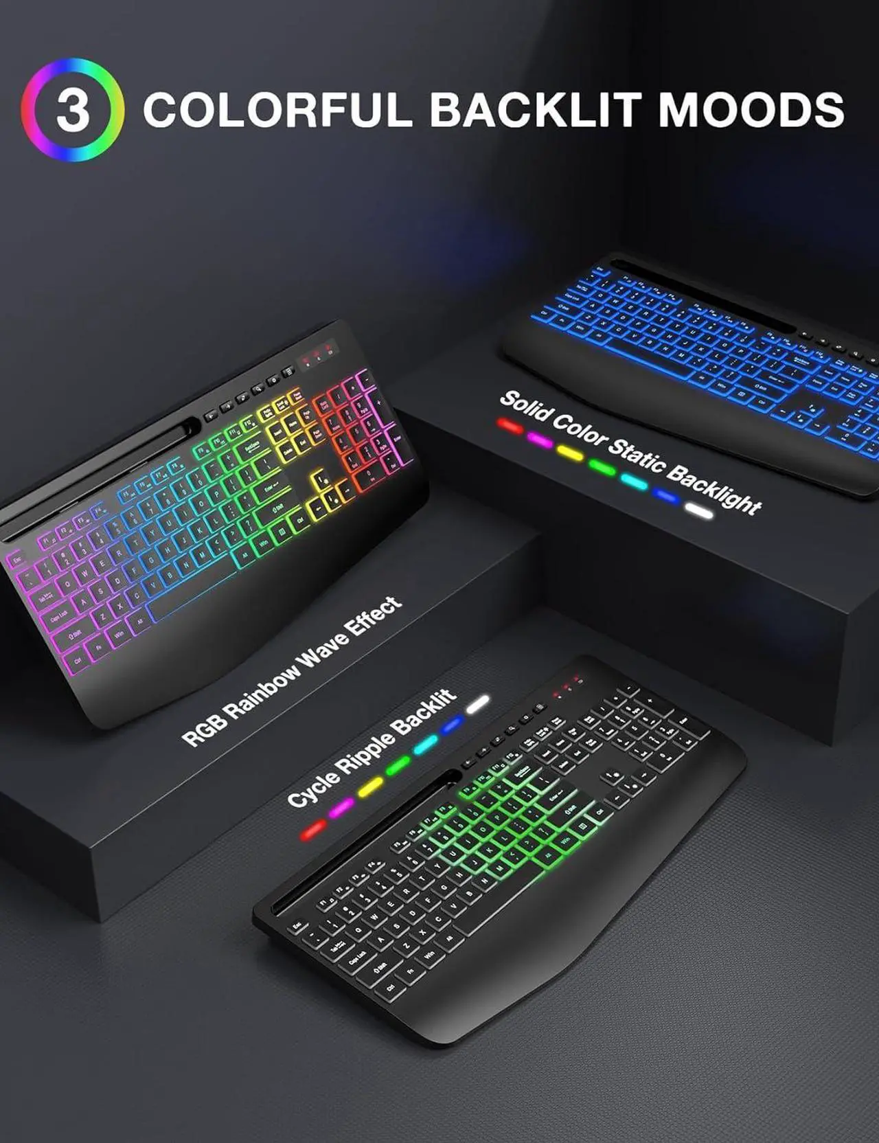 Alt view image 3 of 7 - Wireless Keyboard with 9 Backlit Effects, Wrist Rest, Phone Holder, 2.4G Lag-Free Ergonomic Keyboards, Rechargeable Silent Cordless, for Computer, Laptop, PC, Mac, Windows, Office, School
