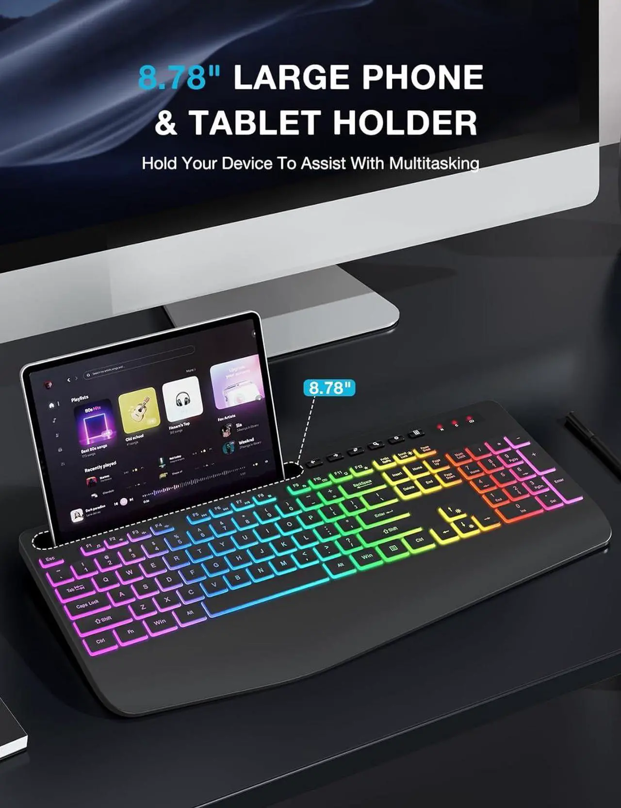 Alt view image 4 of 7 - Wireless Keyboard with 9 Backlit Effects, Wrist Rest, Phone Holder, 2.4G Lag-Free Ergonomic Keyboards, Rechargeable Silent Cordless, for Computer, Laptop, PC, Mac, Windows, Office, School