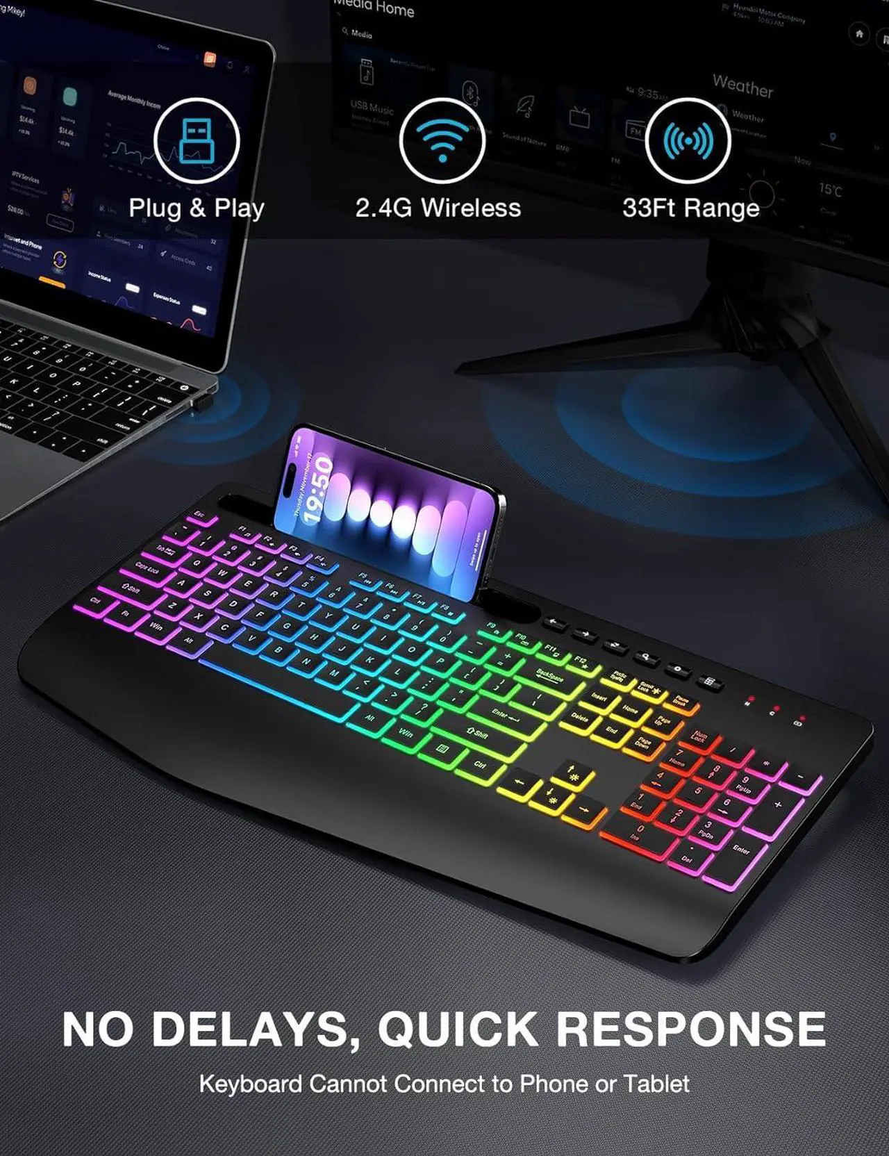 Alt view image 6 of 7 - Wireless Keyboard with 9 Backlit Effects, Wrist Rest, Phone Holder, 2.4G Lag-Free Ergonomic Keyboards, Rechargeable Silent Cordless, for Computer, Laptop, PC, Mac, Windows, Office, School